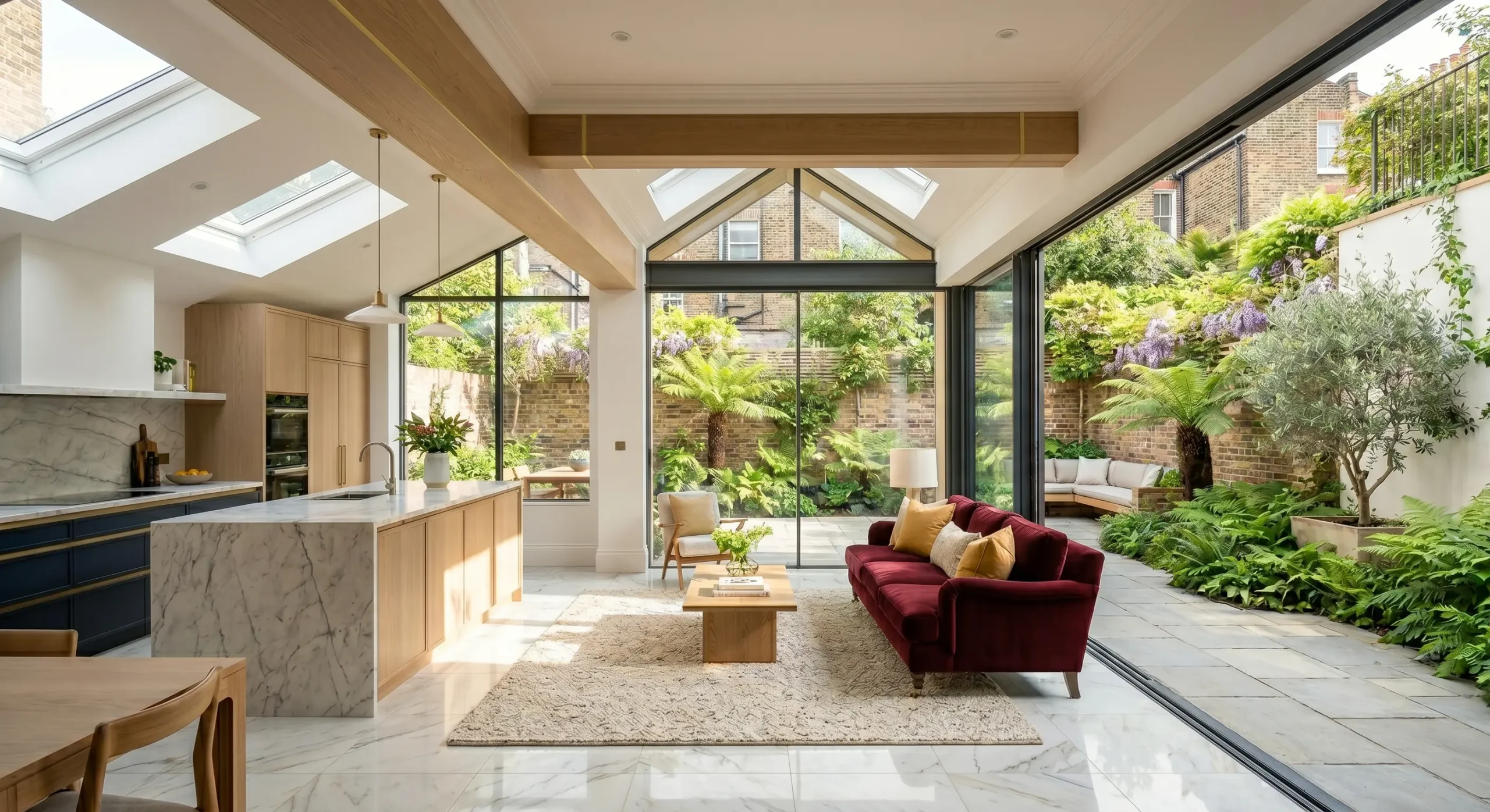 High End and Luxurious House Extension in Hammersmith with deep red velvet sofa and white marble floors