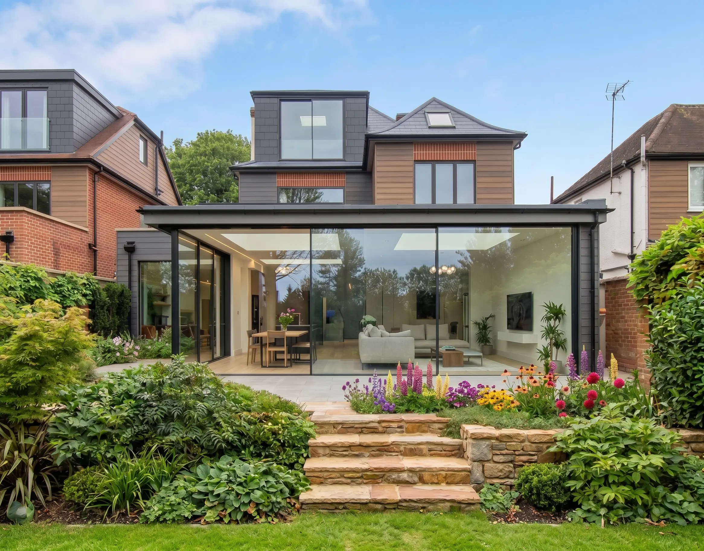 High End Luxury House Renovation internal open plan layout in Kensington Chelsea with hardwood staircase and kitchen dining room